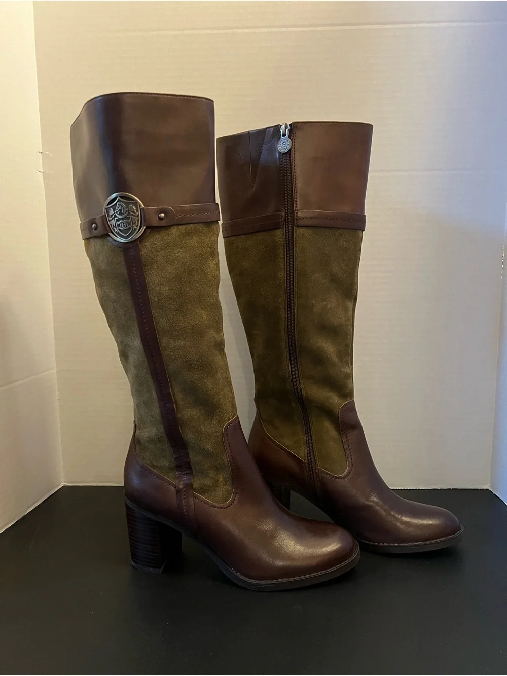 Etienne Aigner Olive Suede and Brown Leather Over-the-Knee Boots